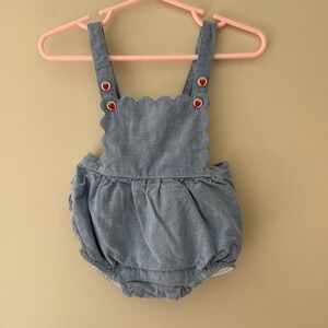 Janie and Jack Baby Blue Chambray Scallop Strawberry Button Romper 0-3 Months